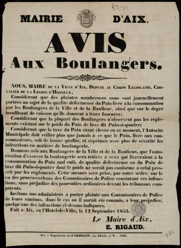 Avis relatif à la mise en adjudication de l'entreprise du balayage des rues, et du bail à ferme du lavoir des Banos / Mairie d'Aix