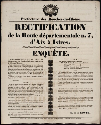 Rectification de la route Départementale n°7 d'Aix à Istres. Enquête / Préfecture des Bouches-du-Rhône