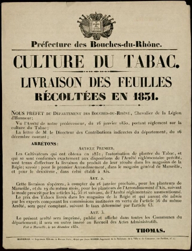 Culture du tabac. Livraison des feuilles récoltées en 1831 / Préfecture des Bouches-du-Rhône