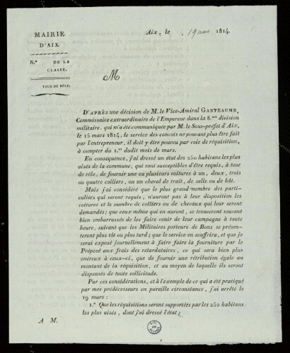 M..., D'après une décision du vice amiral Ganteaume, … / Mairie d'Aix