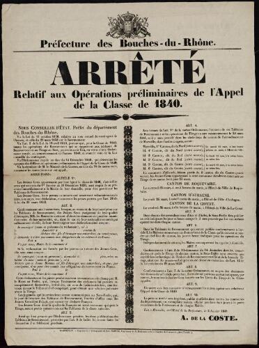 Arrêté relatif aux opérations préliminaires de l'appel de la classe de 1840 / Préfecture des Bouches-du-Rhône