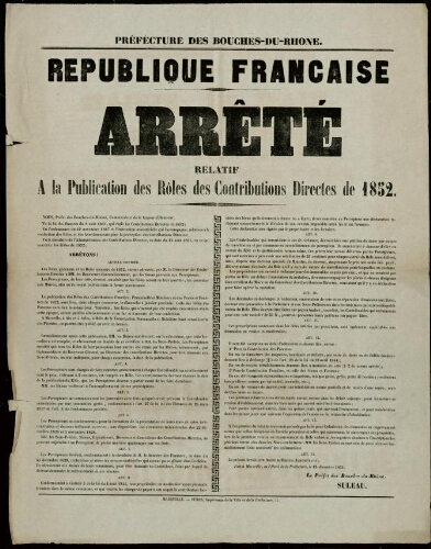 République française. Arrêté relatif à la publication des rôles des contributions directes de 1852 / Préfecture des Bouches-du-Rhône