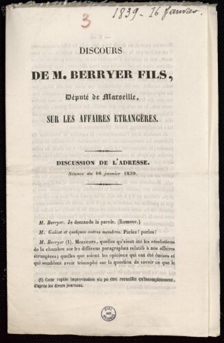 Discours de Mr Berryer fils, député de Marseille, sur les affaires étrangères. Discussion de l’adresse. Séance du 16 janvier 1839.