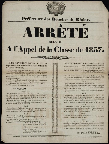 Arrêté relatif à l'appel de la classe de 1837   / Préfecture des Bouches-du-Rhône