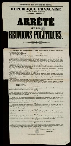 République française. Liberté, égalité, fraternité... Arrêté sur les réunions politiques / Préfecture des Bouches-du-Rhône