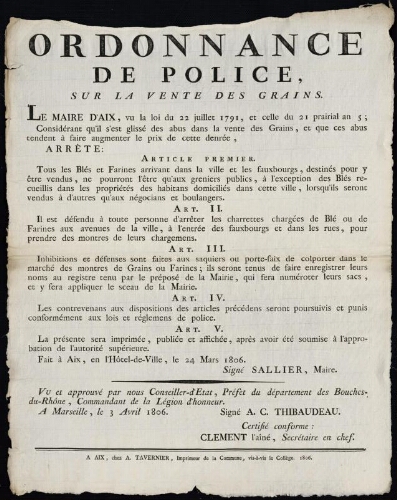 Ordonnance de police sur la vente des grains  / Préfecture des Bouches-du-Rhône