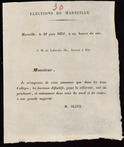 Elections de Marseille : 'Monsieur je m'empresse de vous annoncer que [les bureaux] ont été proclamés...'  [signé] Olive