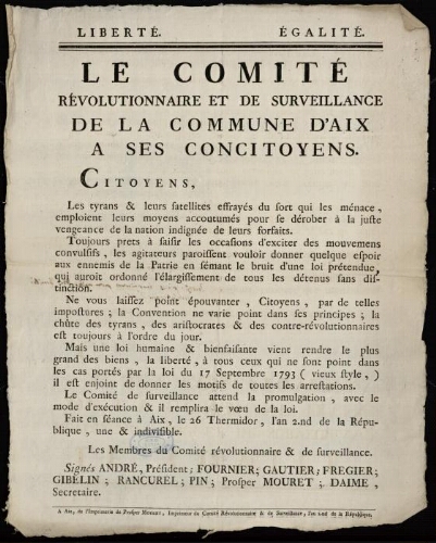 Le comité révolutionnaire et de la surveillance de la Commune d'Aix, à ses concitoyens