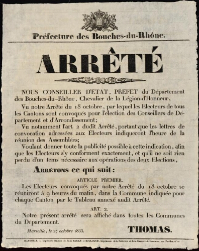 Arrêté : [...] Les électeurs convoqués... se réuniront / Préfecture des Bouches-du-Rhône