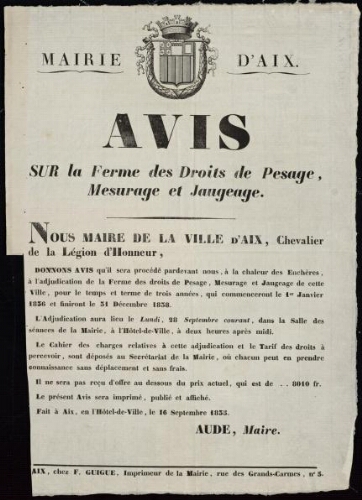 Avis sur la ferme des droits de pesage, mesurage et jaugeage  / Mairie d'Aix