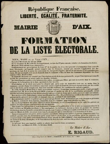 République française. Liberté, égalité, fraternité... Formation de la liste électorale / Mairie d'Aix