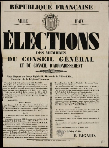 République française. Élection des membres du conseil général et du conseil d'arrondissement / Ville d’Aix