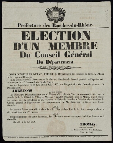 Election d'un membre du Conseil général du département   / Préfecture des Bouches-du-Rhône