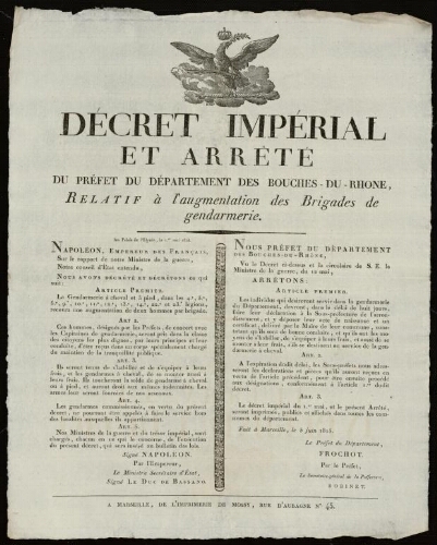 Décret impérial et arrêté du préfet du département des Bouches-du-Rhône, relatif à l'augmentation des brigades de gendarmerie