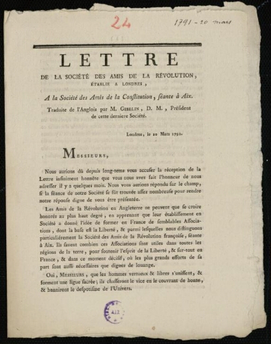 Lettre de la Société des Amis de la Révolution, établie à Londres, à  la Société des Amis de la Constitution, séante à Aix