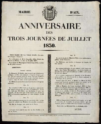 Anniversaire des trois journées de juillet 1830   / Mairie d'Aix