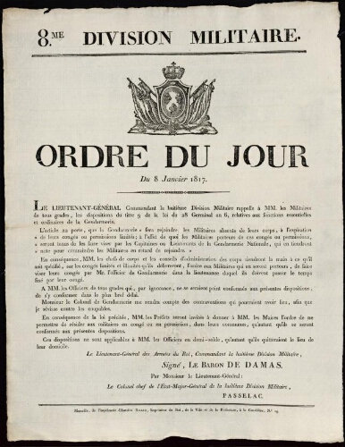 Ordre du jour du 8 janvier 1817.  / 8e division militaire