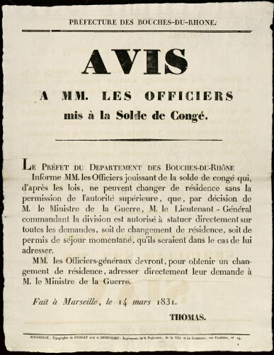 Avis à MM. les officiers mis à la solde de congé / Préfecture des Bouches-du-Rhône