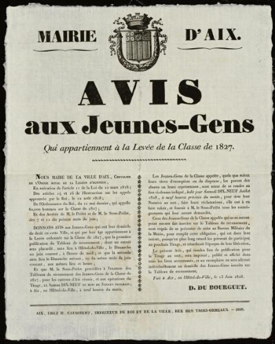 Avis aux jeunes gens qui appartiennent à la levée de la classe de 1827 / Mairie d'Aix