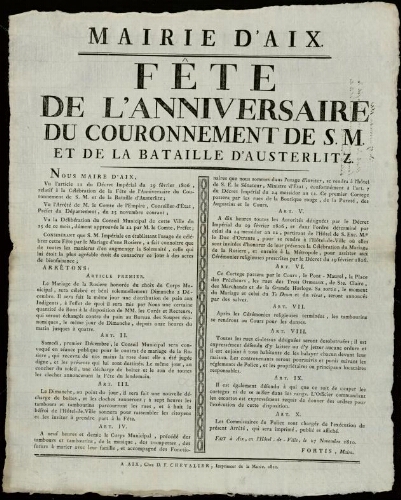 Fête de l'anniversaire du couronnement de S. M. et de la bataille d'Austerlitz / Mairie d'Aix