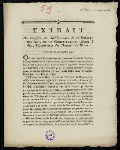 Extrait des registres des délibérations de la Société des Amis de la Constitution, séante à Aix, département des Bouches-du-Rhône. Séance du premier novembre 1790