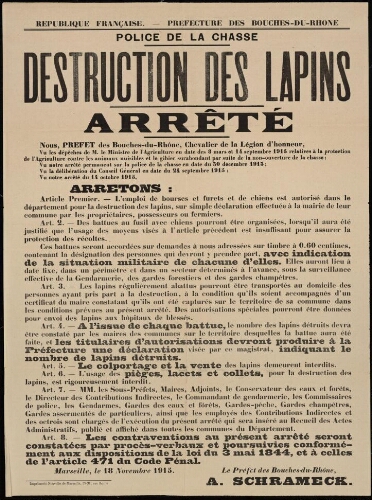 Police de la chasse. Destruction des lapins. Arrêté / Préfecture des Bouches-du-Rhône