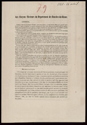 Aux  citoyens électeurs du département des Bouches-du-Rhône [signé Bathias, l’un des fondateurs du club de l’égalité républicaine d'Aix]