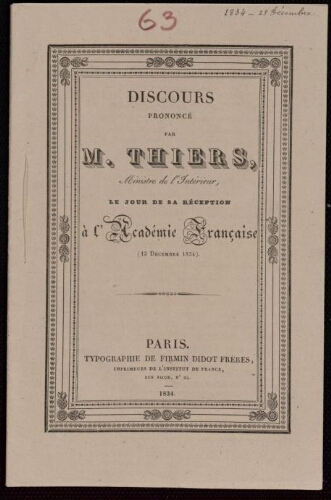 Discours prononcé par M. Thiers le jour de sa réception à l'académie française (13 décembre 1834)