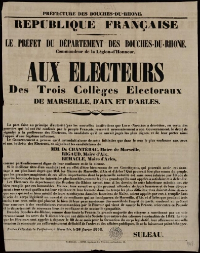 Le préfet du département des Bouches-du-Rhône, commandeur de la légion-d'honneur, aux  électeurs des trois collèges électoraux de Marseille, d'Aix et d'Arles