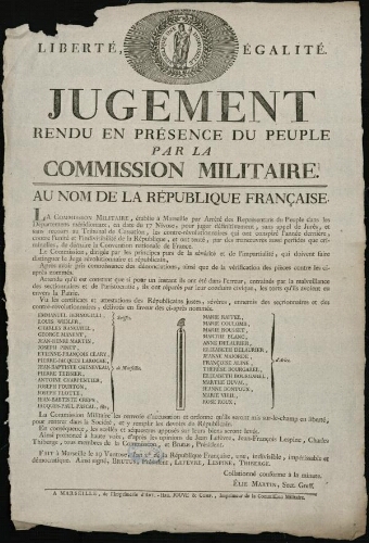 Jugement rendu en présence du peuple par la commission militaire. Au nom de la République Française