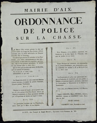 Ordonnance de police sur la chasse / Mairie d'Aix
