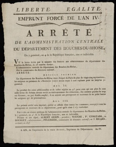 Emprunt forcé de l'an IVe. Arrêté de l'Administration centrale du département des Bouches-du-Rhône