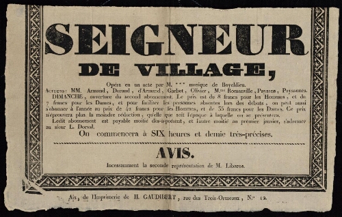 Seigneur de village. Opéra en un acte par M.*** musique de Boyeldieu. Acteurs : MM Armand, Durand, d’Armand, Garbet...