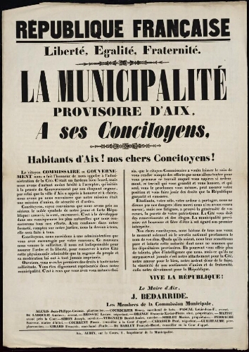 République française. Liberté, égalité, fraternité...   La municipalité provisoire d'Aix à ses concitoyens... / [Mairie d’Aix]