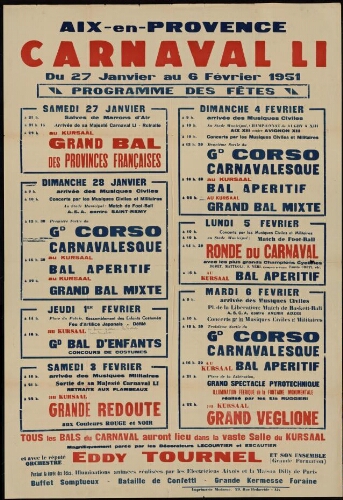 Carnaval LI. Du 27 Janvier au 6 Février 1951. Programme des fêtes / Mairie d'Aix
