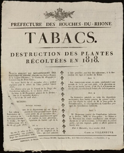 Tabacs. Destruction des plantes récoltées en 1818 / Préfecture des Bouches-du-Rhône
