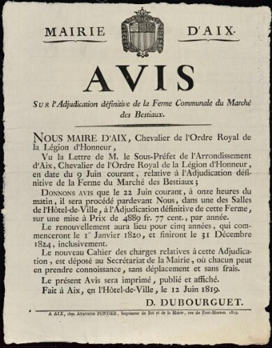 Avis sur l'adjudication définitive de la ferme Communale du Marché des Bestiaux / Mairie d'Aix