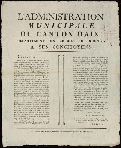 L'Administration municipale du Canton d'Aix, Departement des Bouches-du-Rhône, à ses concitoyens