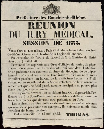 Réunion du jury médical. Session de 1833 / Préfecture des Bouches-du-Rhône