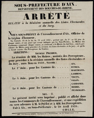 Arrêté relatif à la révision annuelle des listes électorales et du jury   / Sous-préfecture d'Aix