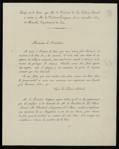 Copie de la lettre que M. le président de la Chèze-Murel a écrite à M. le président Cappeau, le 12 septembre 1830, de Martel, département du Lot