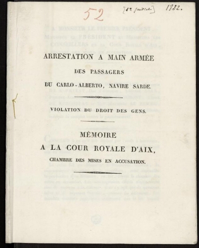 Arrestation à main armée des passagers du Carlo-Alberto, navire Sarde [...] mémoire à la Cour royale d'Aix …  [suivi de] Lettre du Vicomte de St-Priest à Monsieur le préfet de la Corse