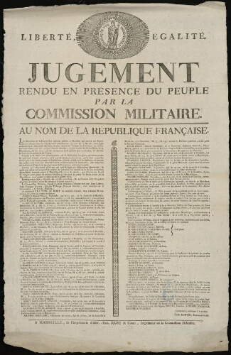 Jugement rendu en présence du peuple par la commission militaire. Au nom de la République Française... A condamné à la peine de de mort mes nommés ci après...