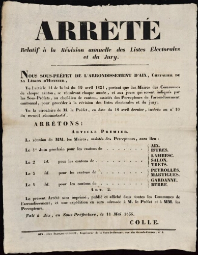 Arrêté relatif à la révision annuelle des listes électorales et du jury  / [Sous-préfecture d’Aix]