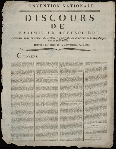 Discours de Maximilien Robespierre, prononcé dans la séance du septidi 7 Prairial, an deuxième de la République une et indivisible. Imprimé par ordre de la Convention Nationale