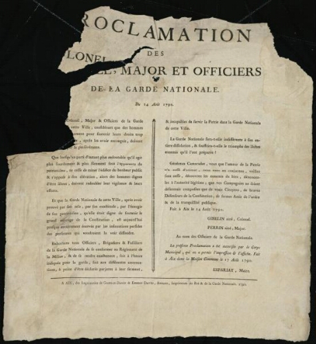 Proclamation des colonel, major et officiers de la Garde nationale. Du 14 août 1790 / [Mairie d’Aix]