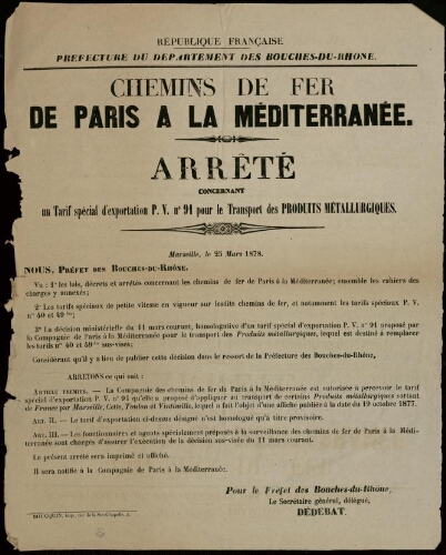 Chemins de fer de Paris à la Méditerranée : arrêté concernant un tarif spécial […] pour le transport des produits métallurgiques / Préfecture des Bouches-du-Rhône