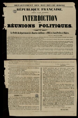 République française. Liberté, égalité, fraternité. Interdiction des réunions politiques [signé Suleau]