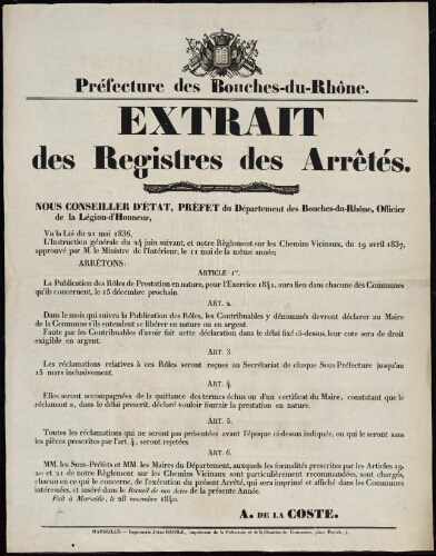 Extrait des registres des arrêtés / Préfecture des Bouches-du-Rhône