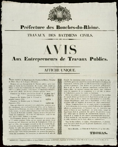 Avis aux entrepreneurs de travaux publics : [...] il sera procédé [...] à l’adjudication définitive / Préfecture des Bouches-du-Rhône